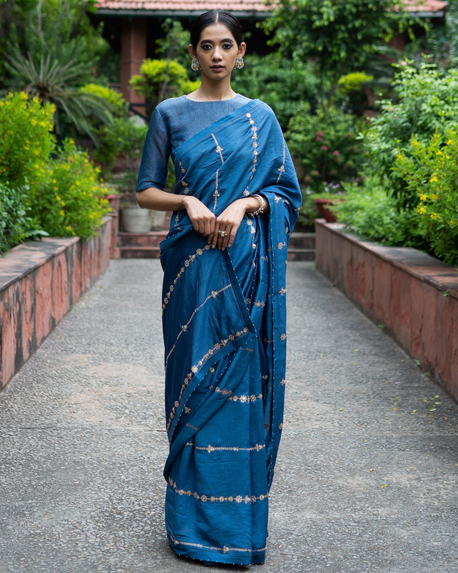 Cobalt Blue Hand Embroidered Sari With Blouse