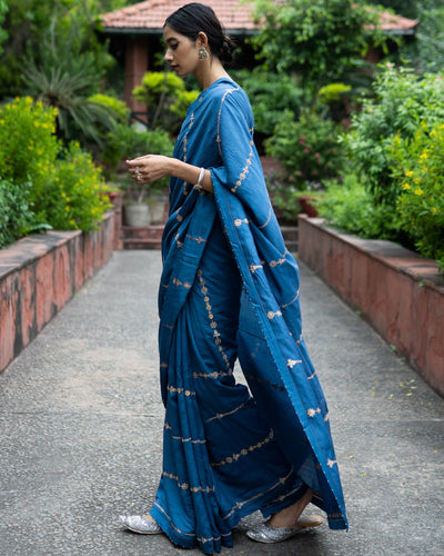 Cobalt Blue Hand Embroidered Sari With Blouse