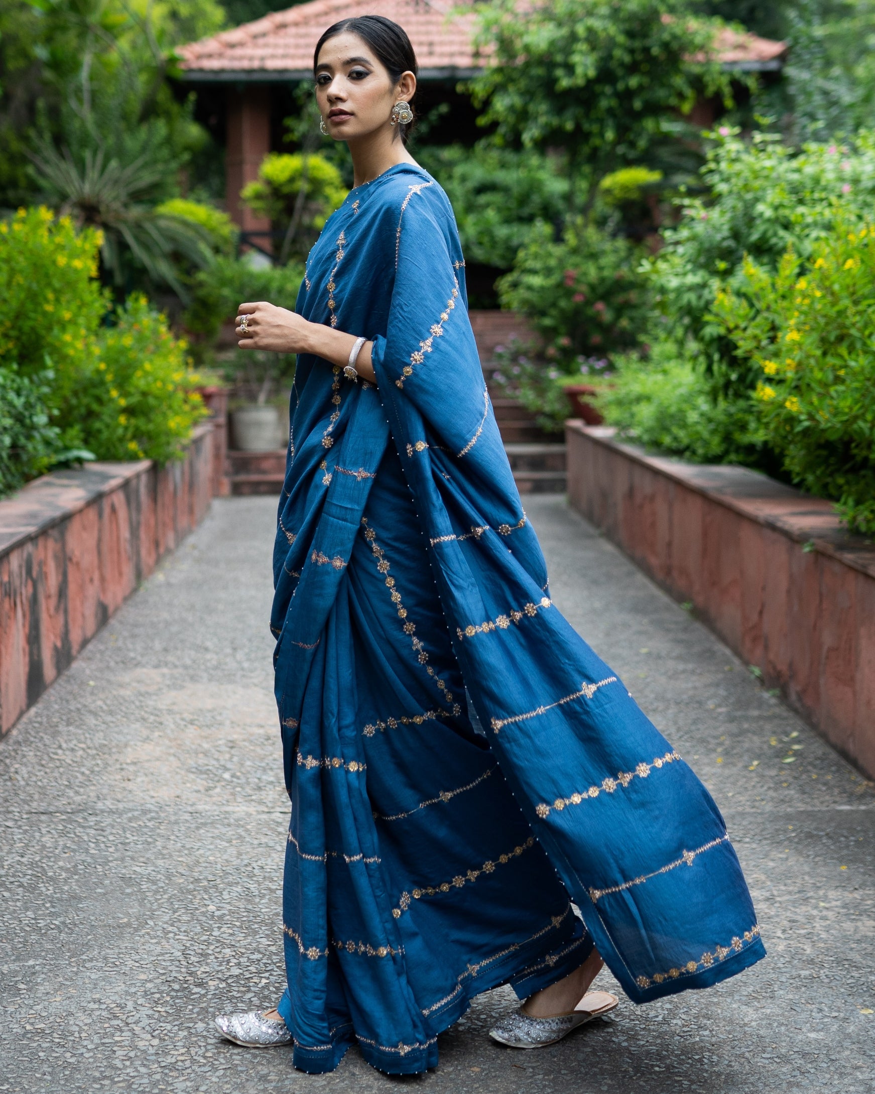 Cobalt Blue Hand Embroidered Sari With Blouse