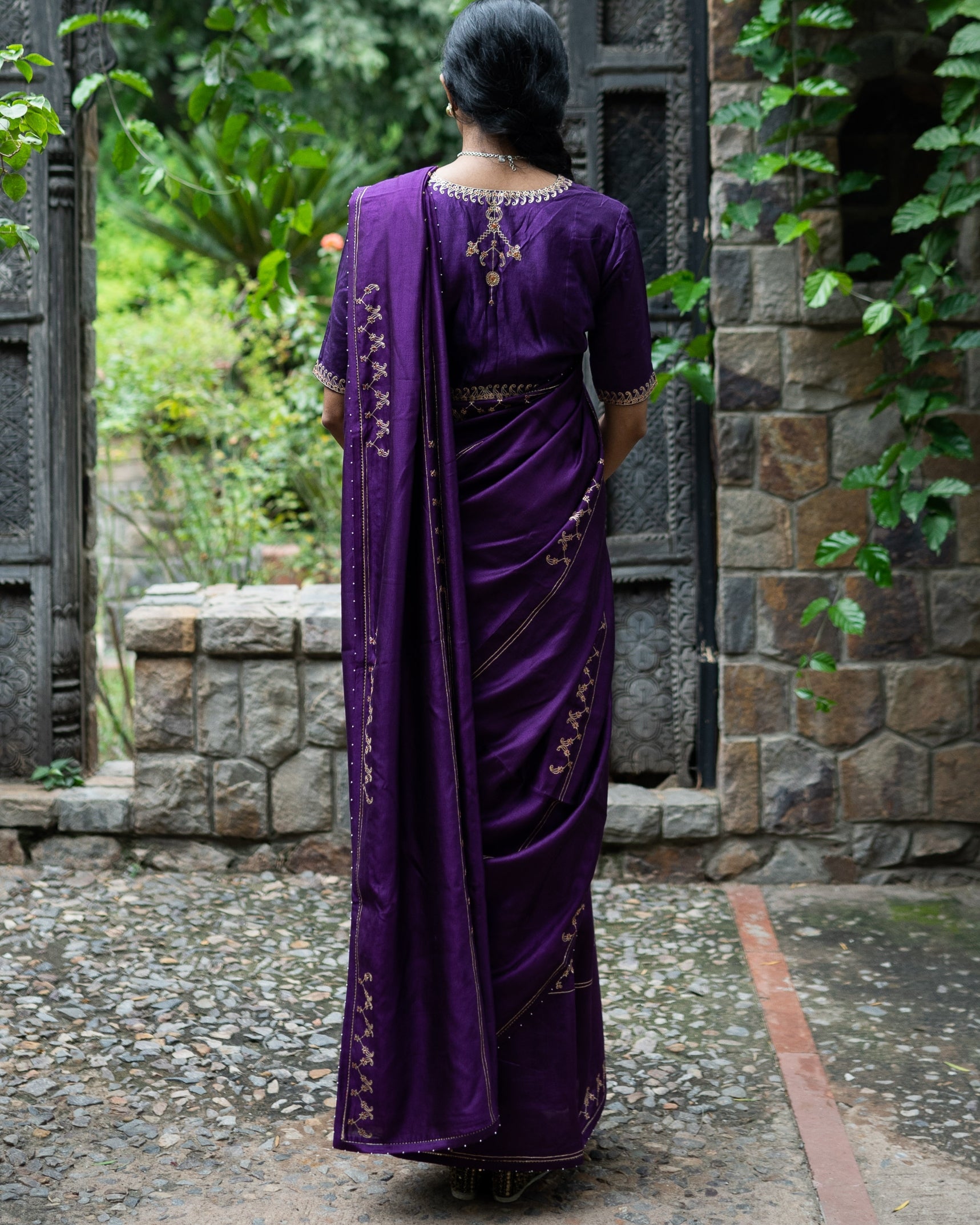 Violet Hand Interval Embroidered Sari With Blouse