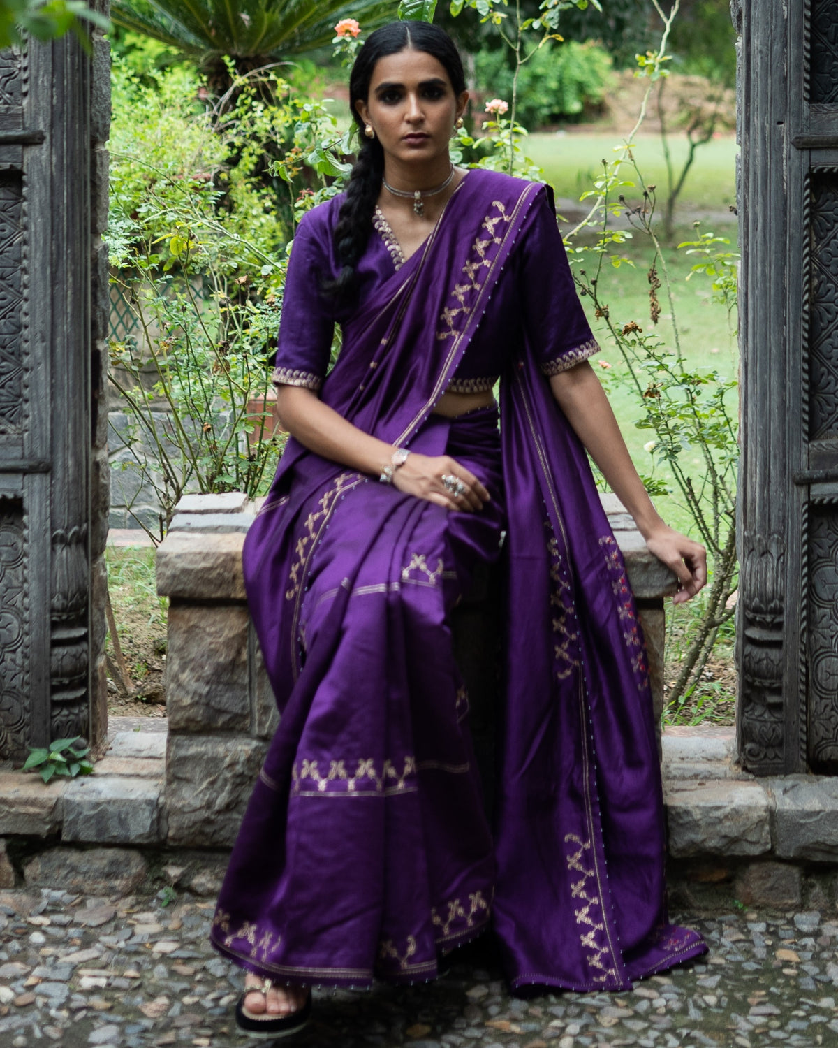 Violet Hand Interval Embroidered Sari With Blouse