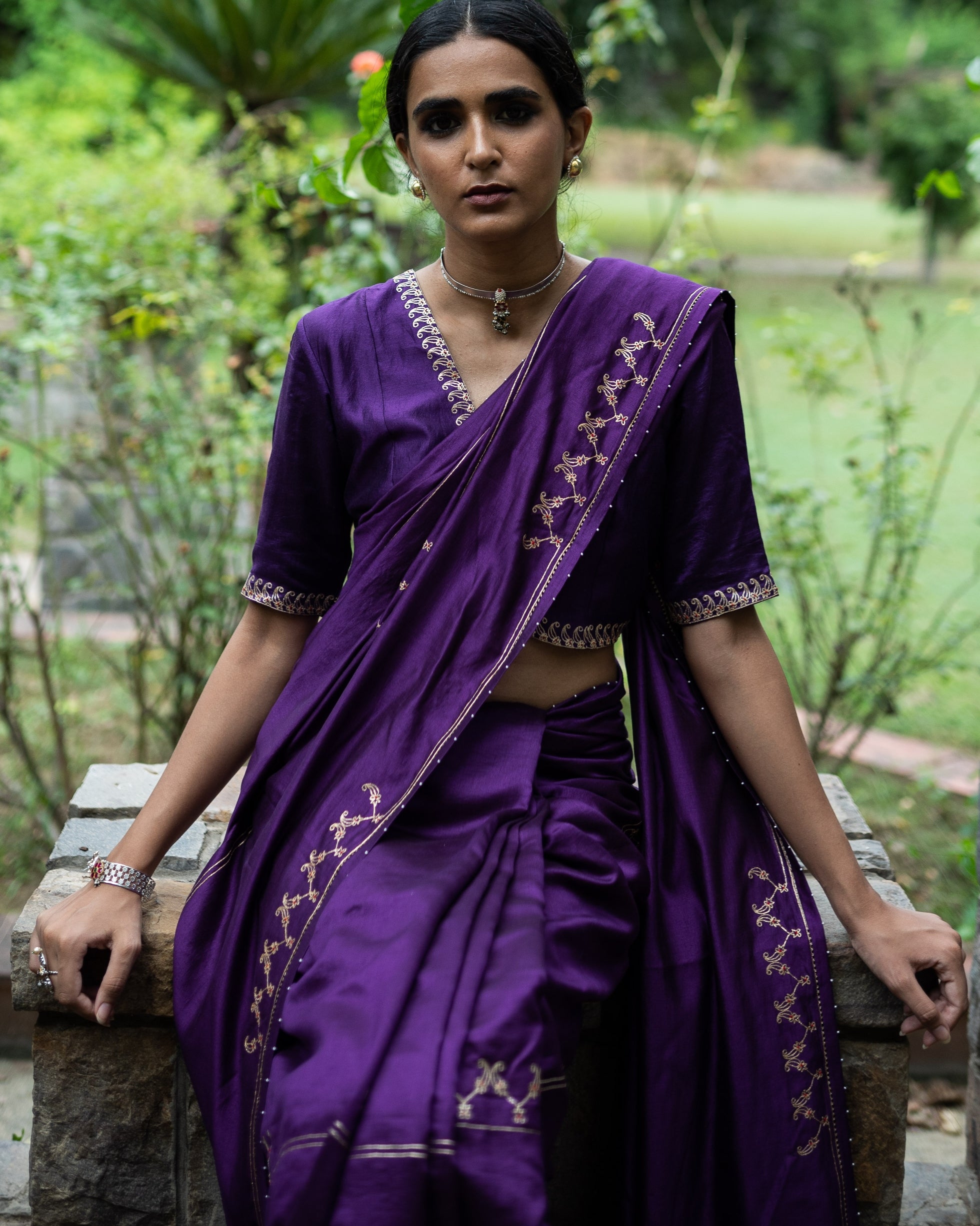 Violet Hand Interval Embroidered Sari With Blouse