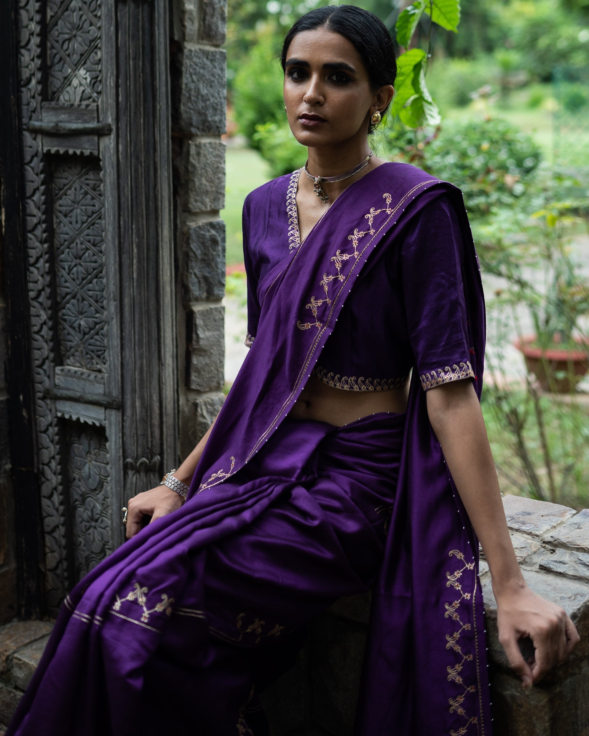 Violet Hand Interval Embroidered Sari With Blouse