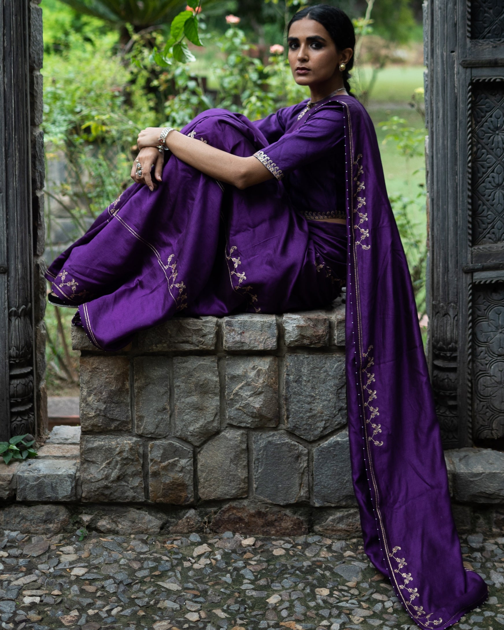 Violet Hand Interval Embroidered Sari With Blouse