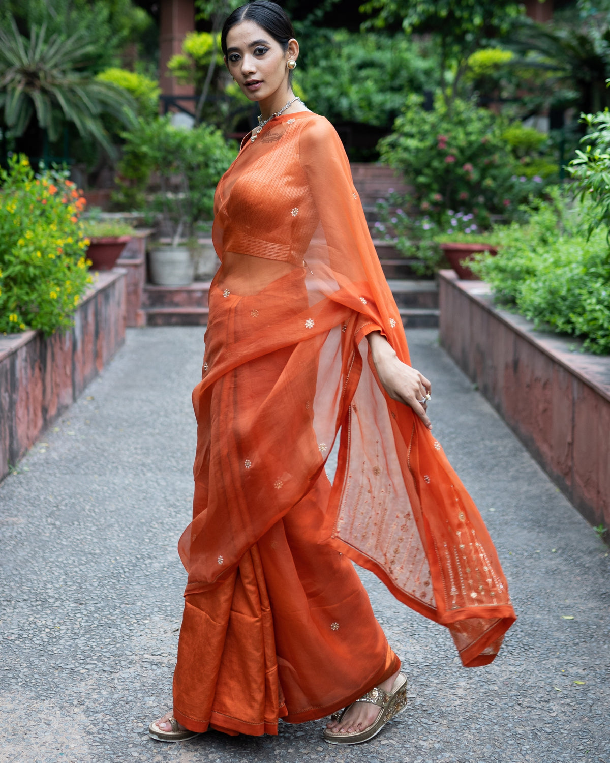 Rust Orange Half And Half Embroidered Sari Wih Blouse