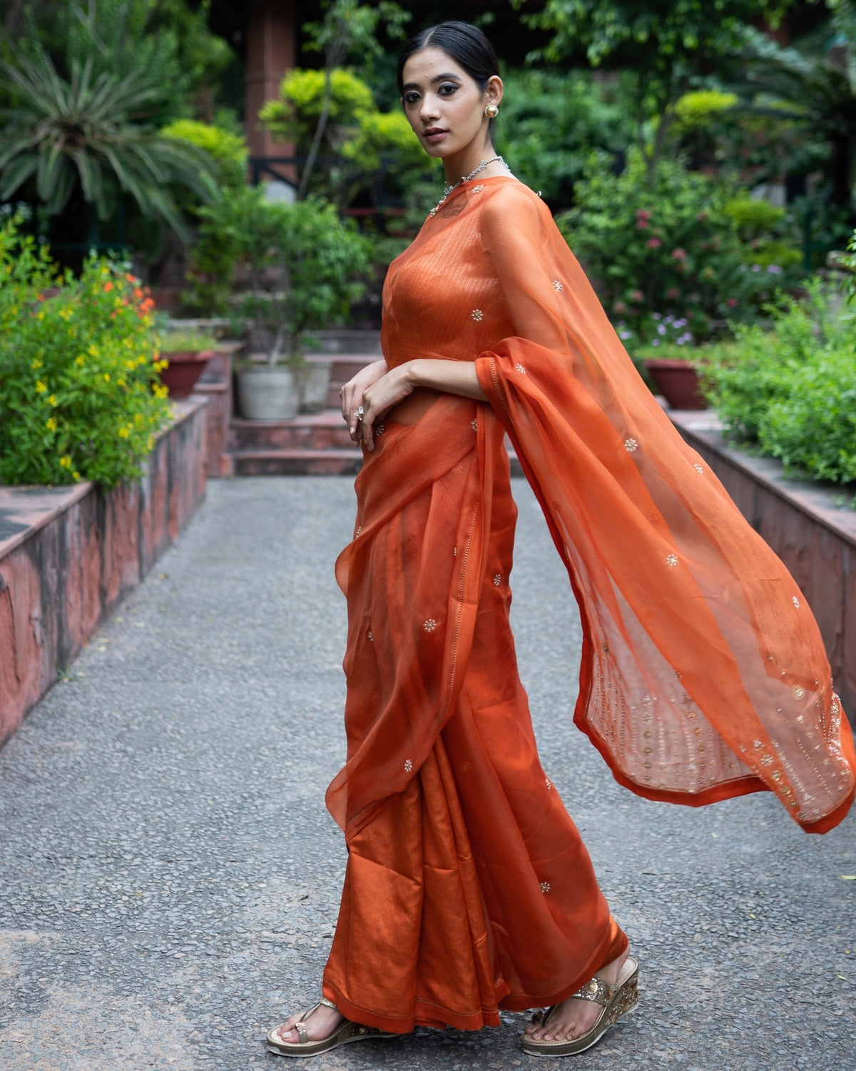 Rust Orange Half And Half Embroidered Sari Wih Blouse