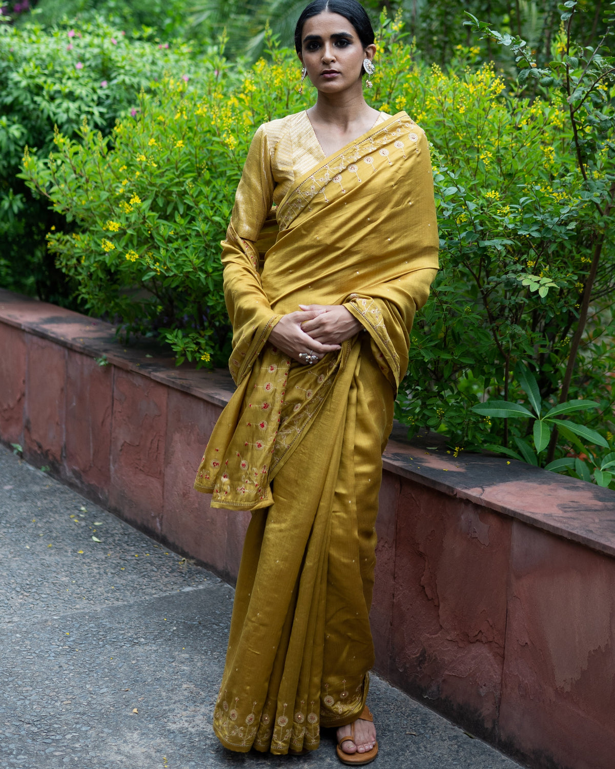 Molten Gold Yellow Hand Embroidered Sari With Blouse