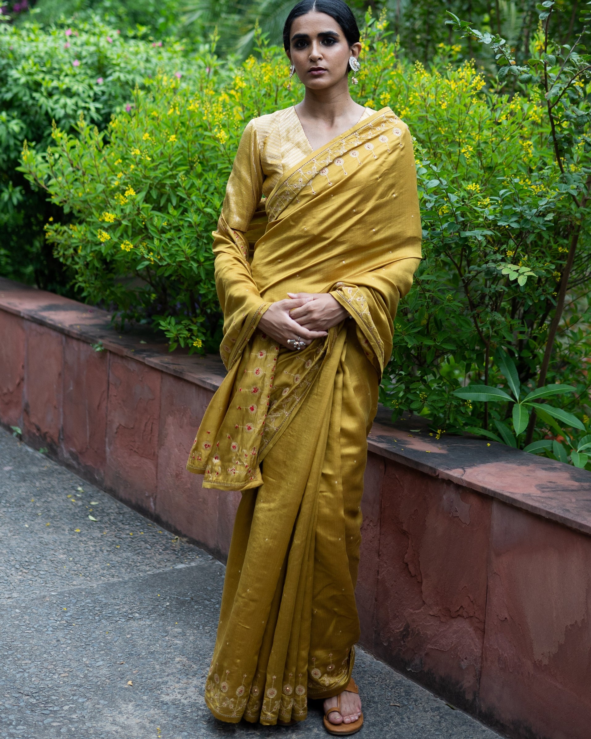 Molten Gold Yellow Hand Embroidered Sari With Blouse