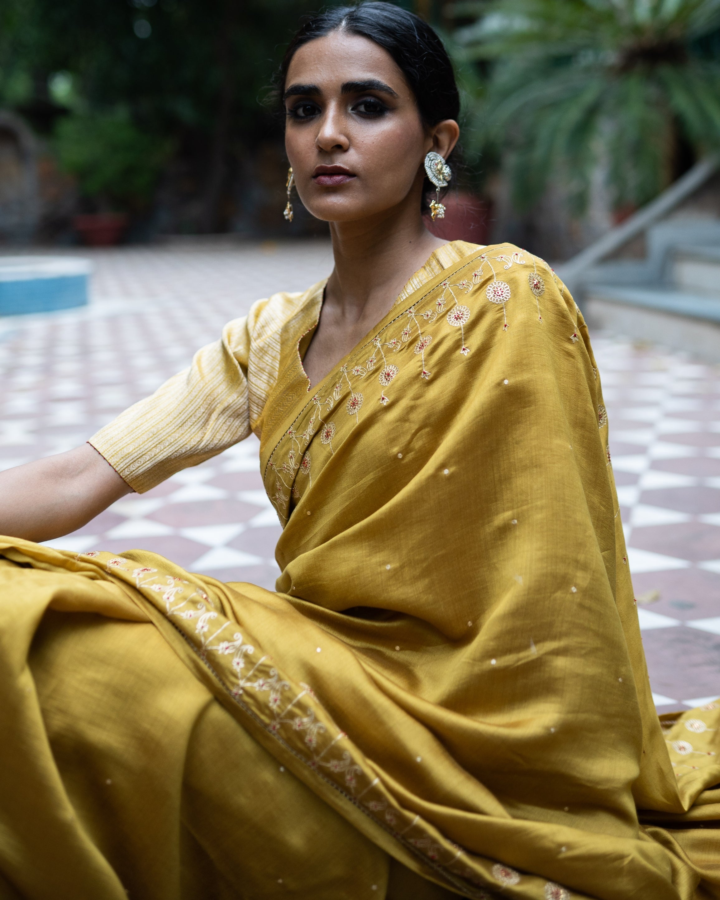 Molten Gold Yellow Hand Embroidered Sari With Blouse