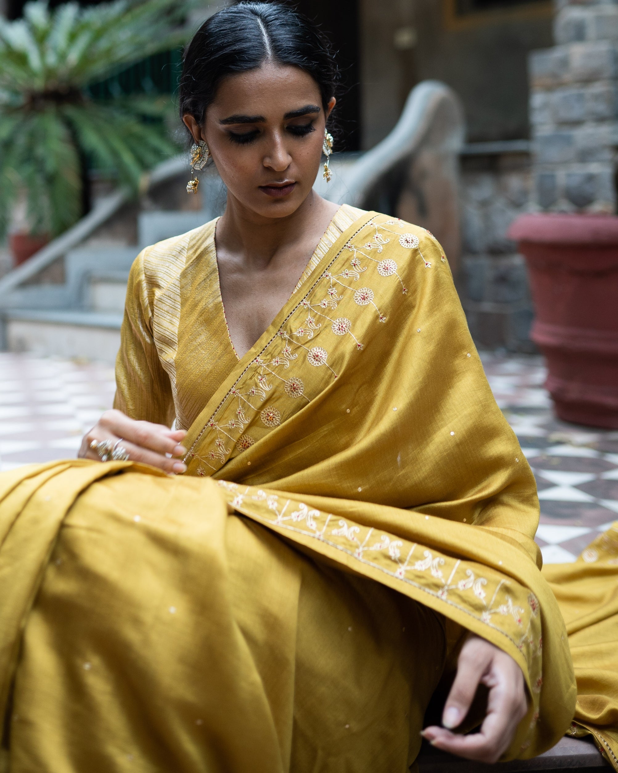 Molten Gold Yellow Hand Embroidered Sari With Blouse