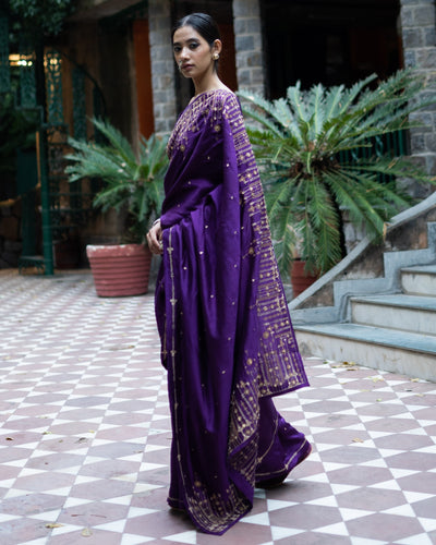 Violet Hand Embroidered Silk Sari