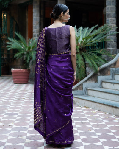 Violet Hand Embroidered Silk Sari