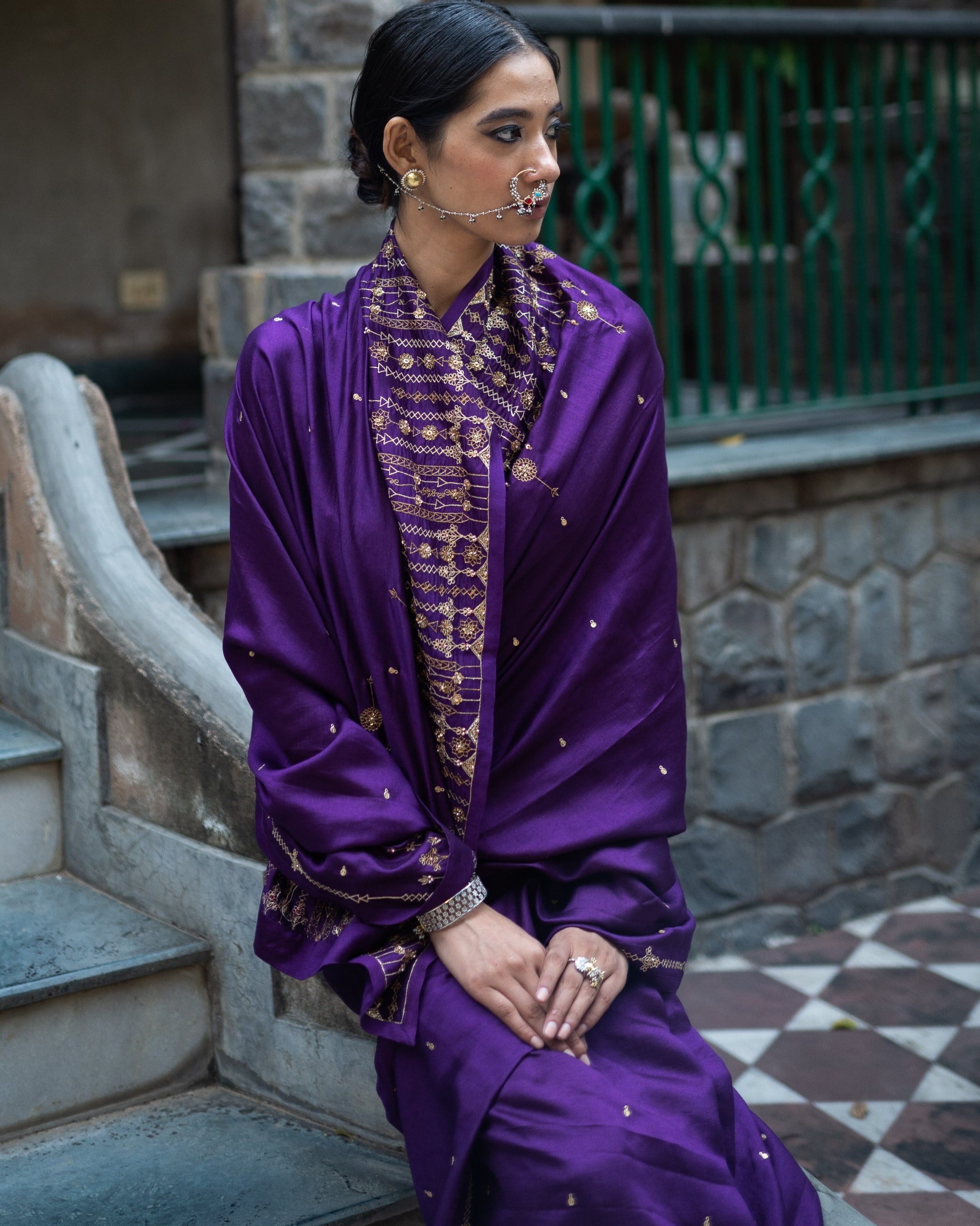Violet Hand Embroidered Silk Sari