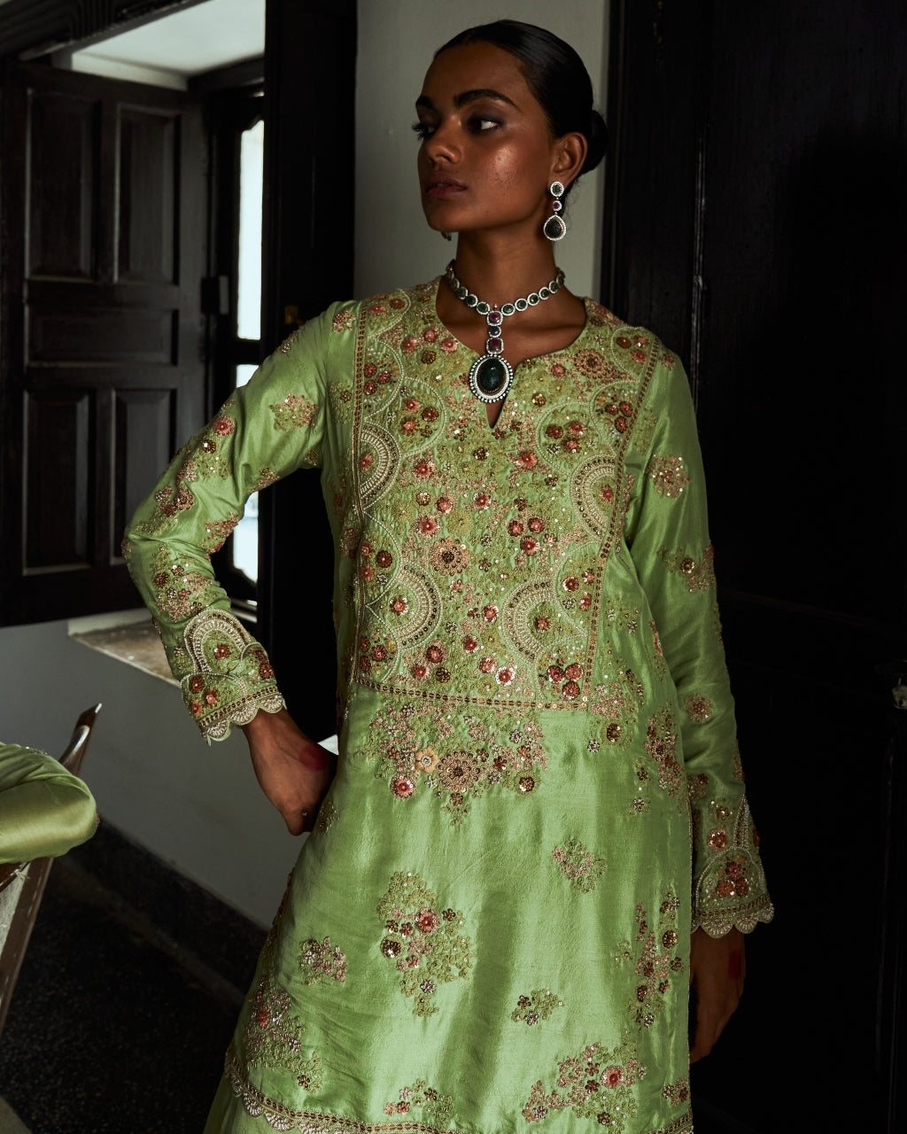 Green Floral Embroidered Sharara Set