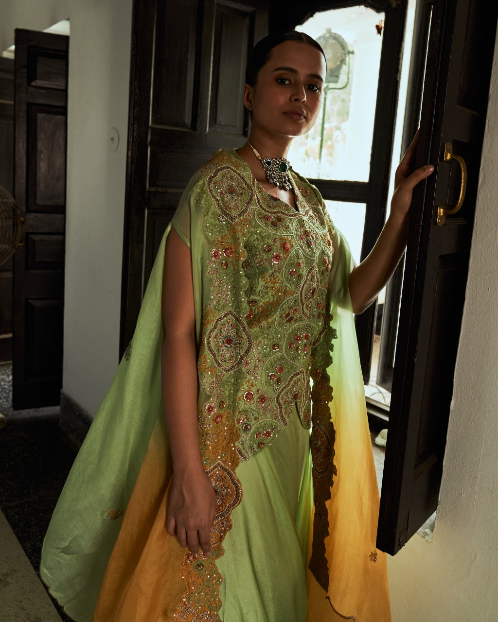 Green Organza Dori Embroidered Cape Set