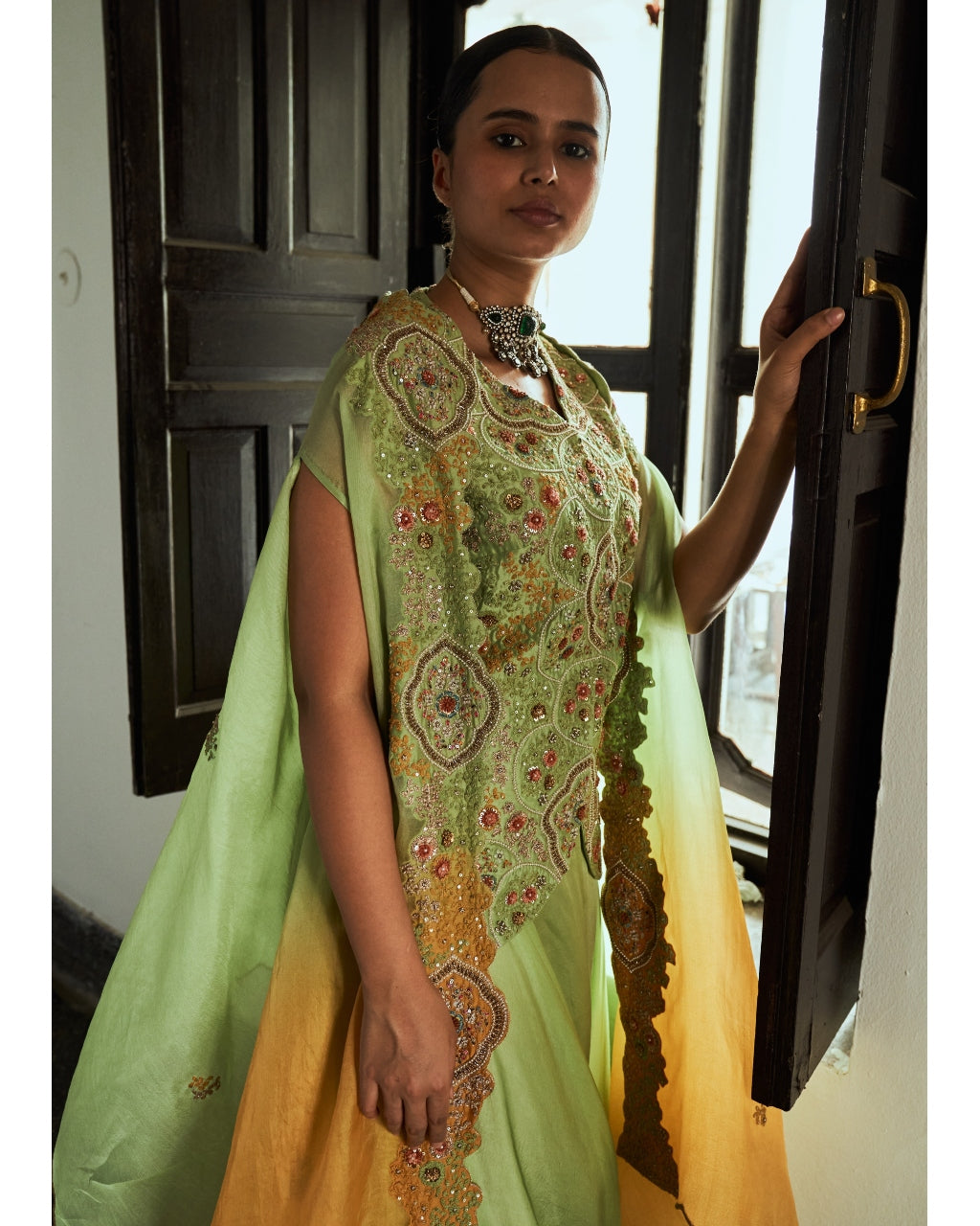 Green Organza Dori Embroidered Cape Set