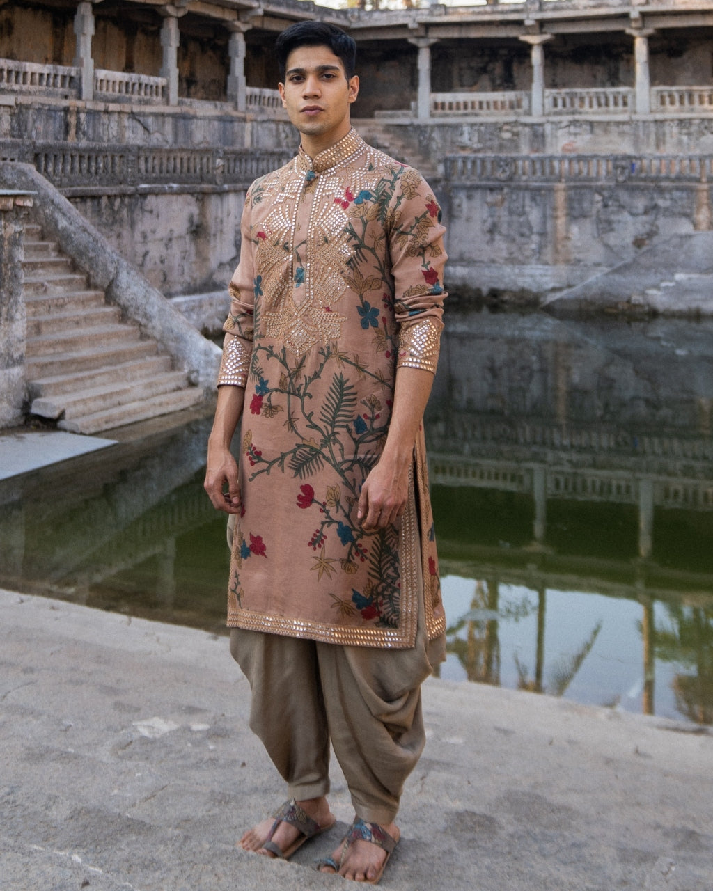 Rust Hand Painted Thread And Mirror Work Kurta Set