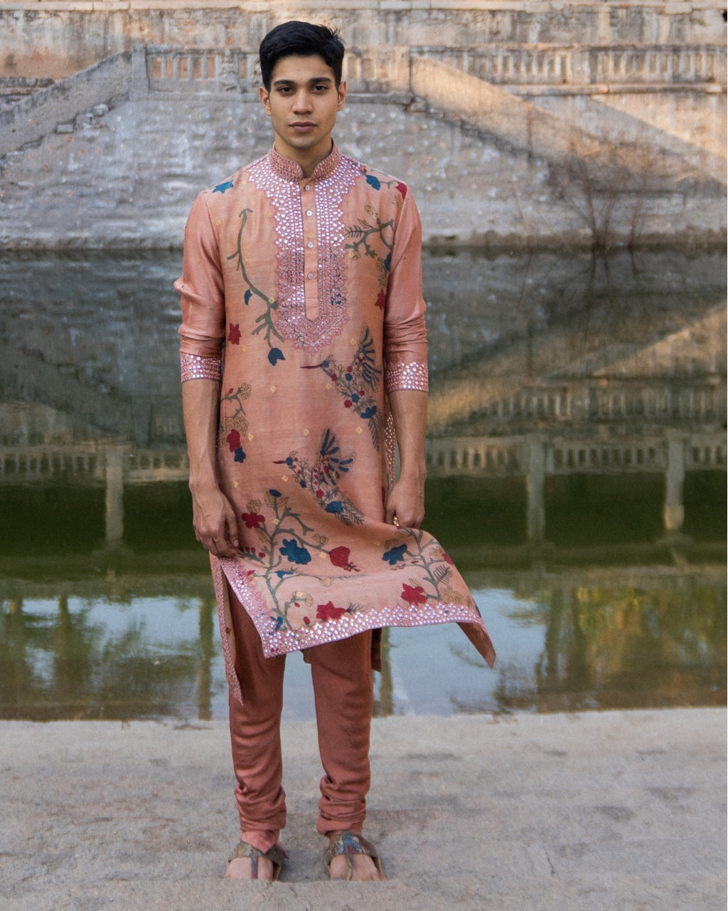 Rose 2 Bird Silk Hand Painted Kalamkari Kurta Set