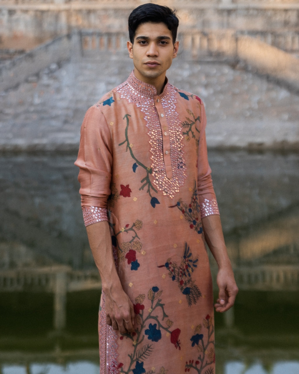 Rose 2 Bird Silk Hand Painted Kalamkari Kurta Set