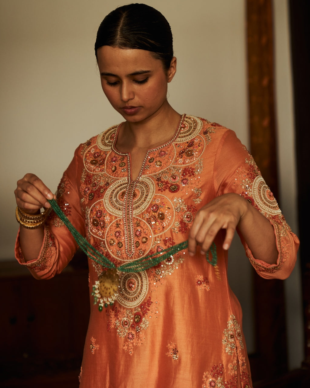 Orange Dori Embroidered Kurta Set