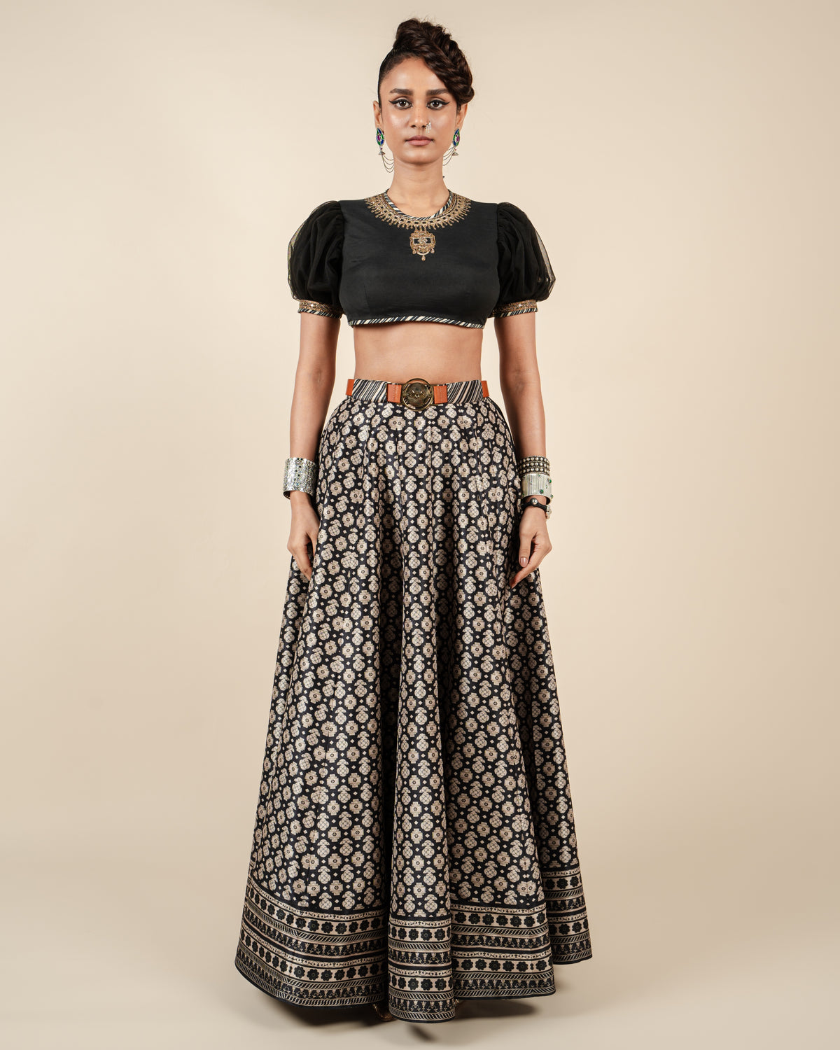 Almond Ivory - Black Skirt Set