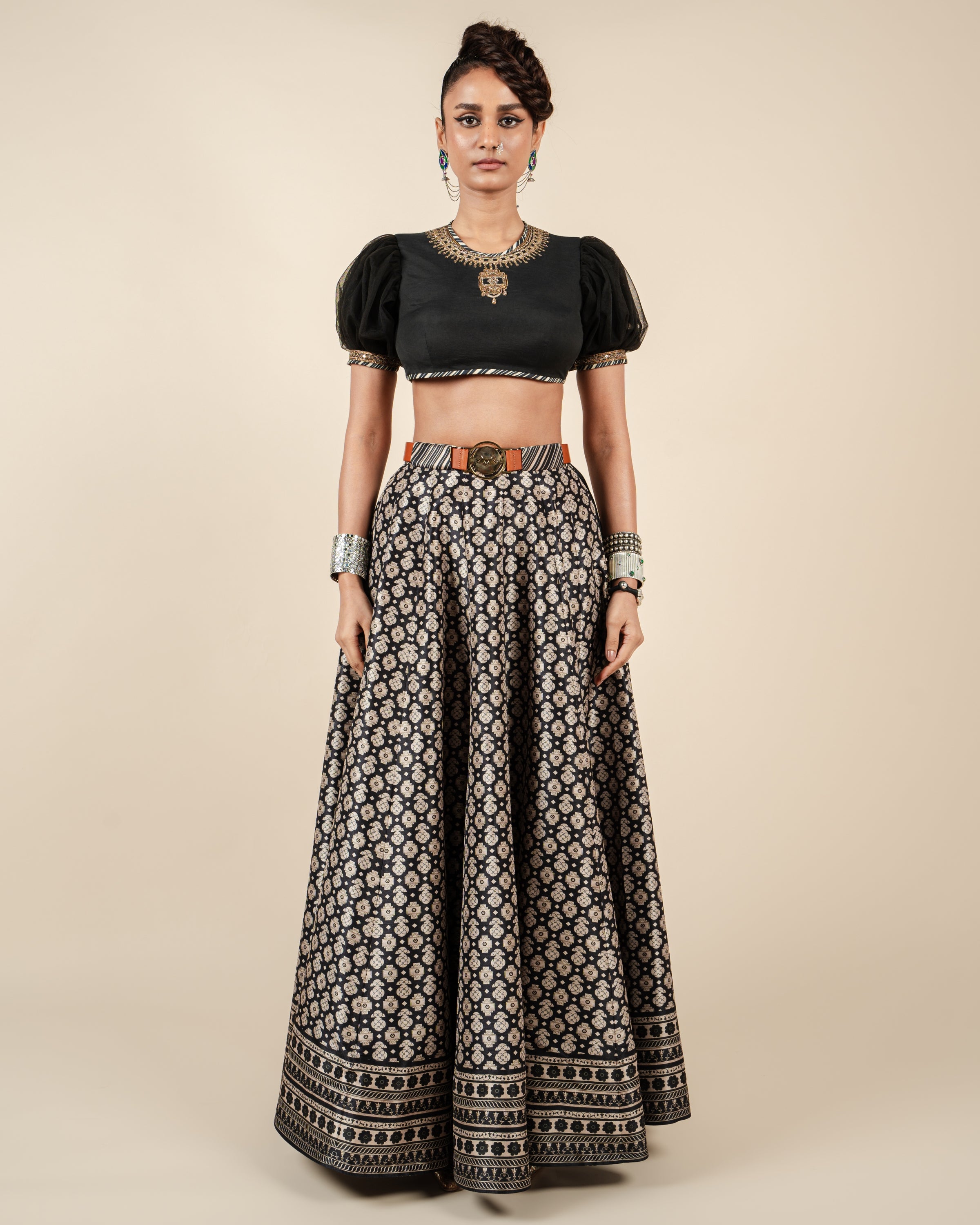 Almond Ivory - Black Skirt Set