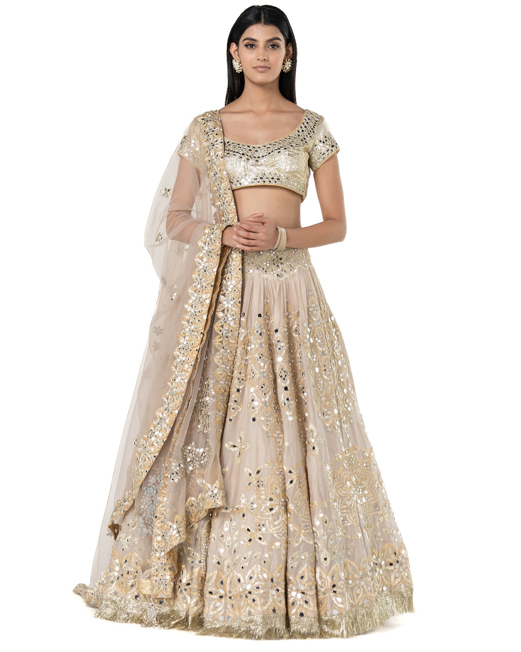 Beige Mirror Embellished Lehenga Set