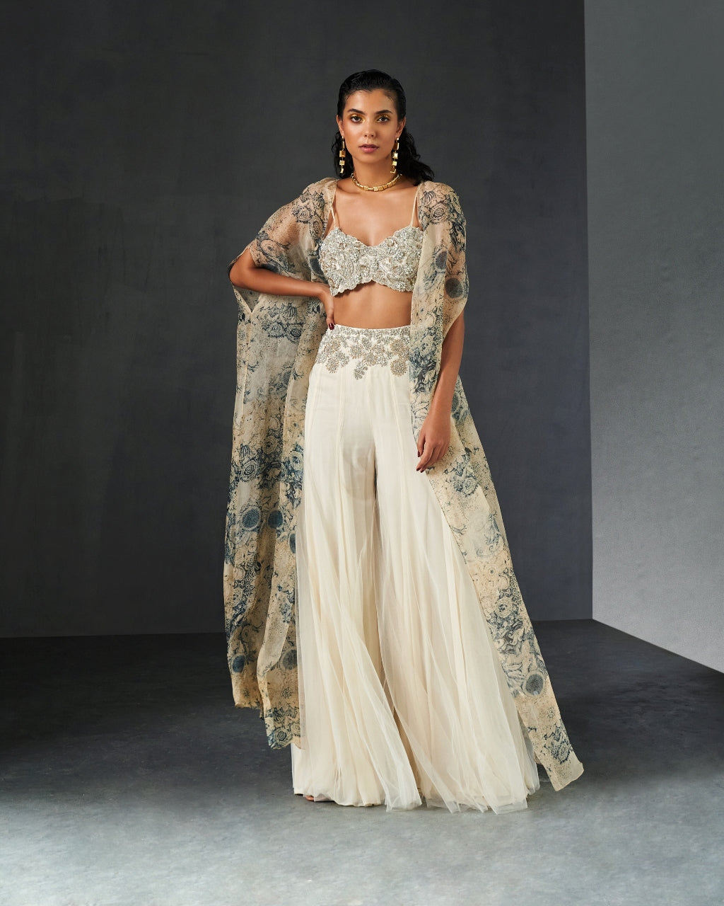 Champagne-Blue Cape Set By Bhumika Sharma