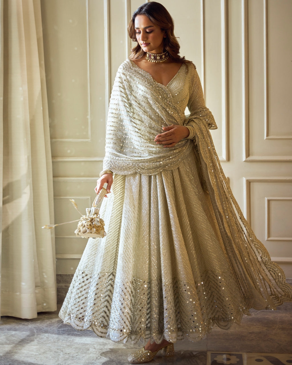 Ivory Anarkali With Scallop Dupatta