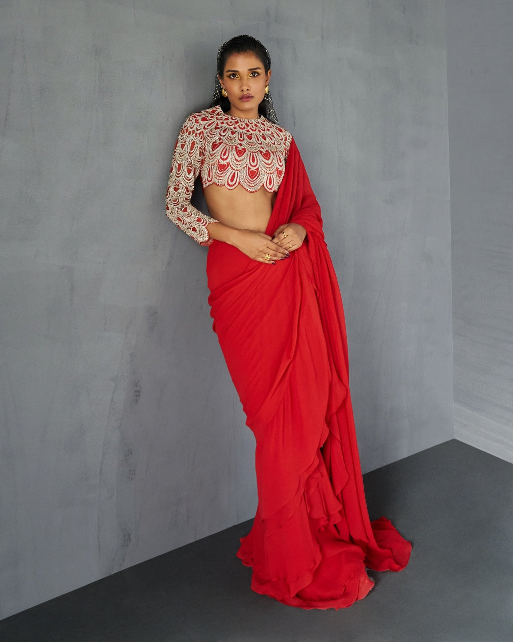 Red Pre-Stitched Sari Set By Bhumika Sharma