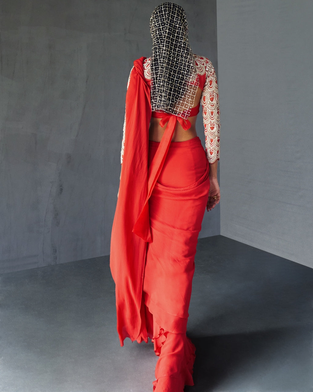Red Draped Ruffle Sari Set