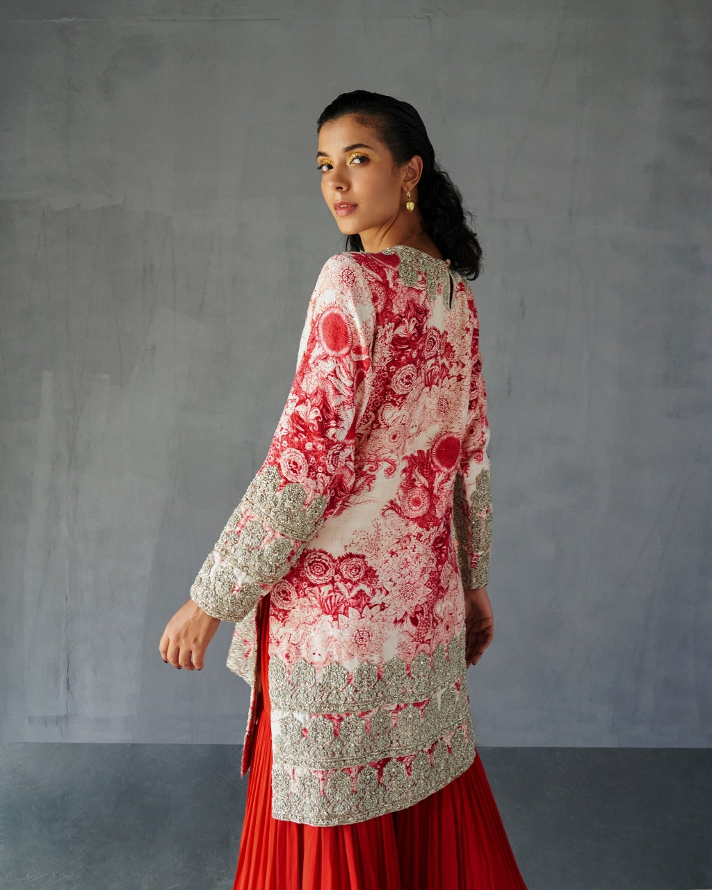 Champagne Red Blossom Kurta Sharara Set