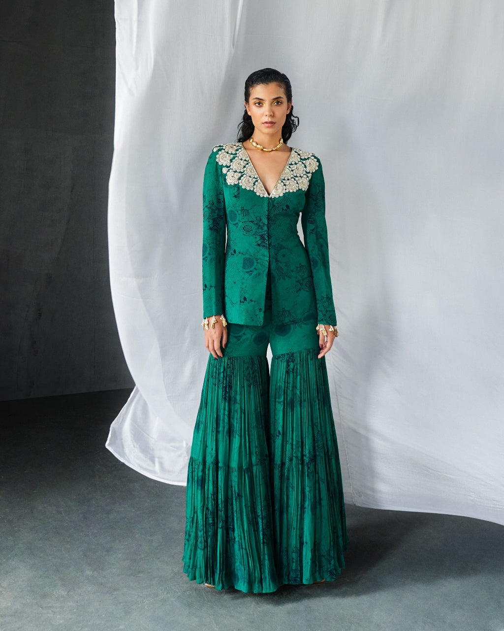 Teal And Black Blossom Jacket & Sharara Set By Bhumika Sharma