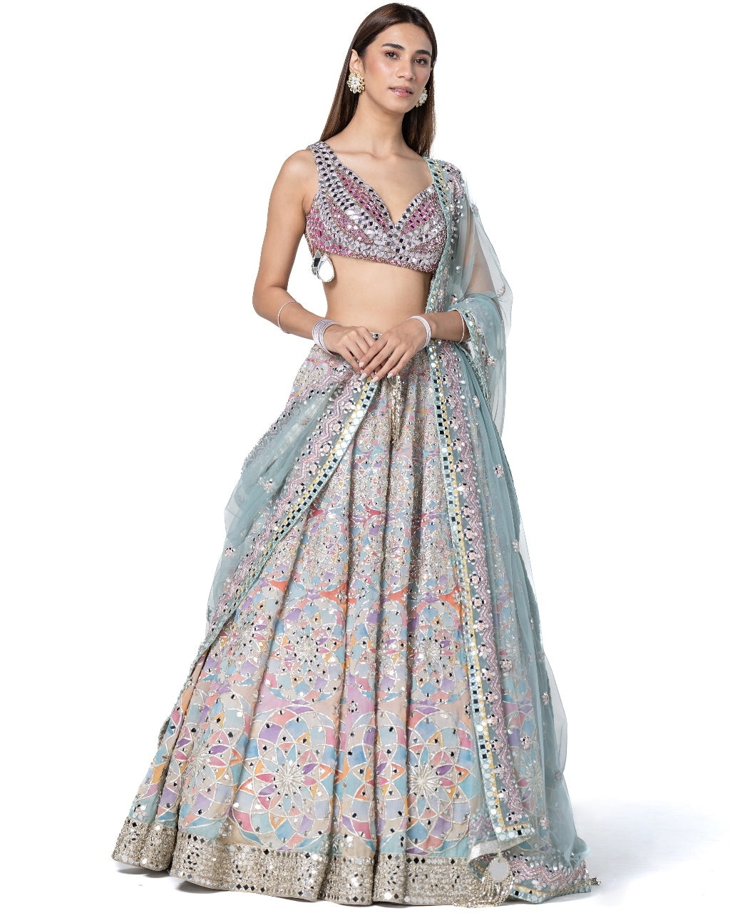 Hand Embroidered Blouse With Pastel Shade Printed Lehenga Set