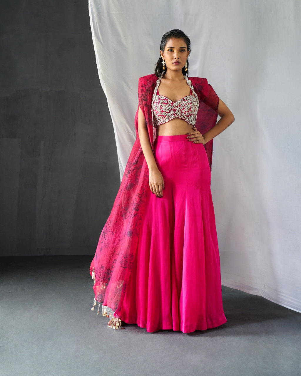 Fuchsia Blossom Cape & Sharara Set By Bhumika Sharma