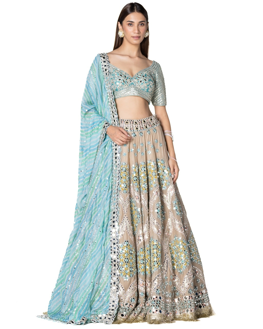 Evening Grey Geometric Pattern Lehenga With Chiffon Dupatta Set