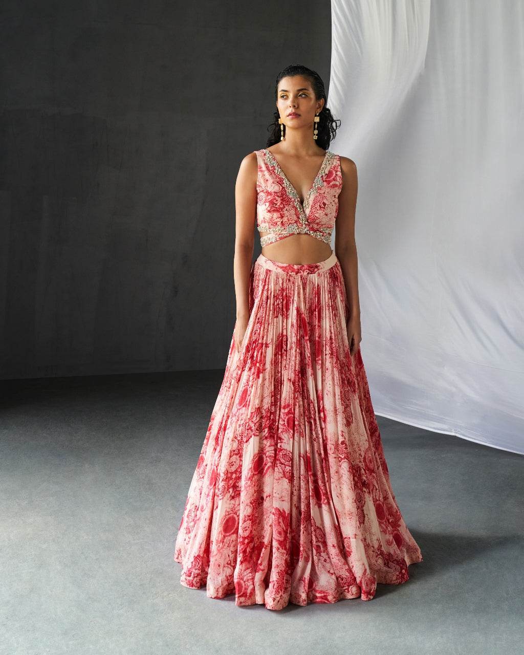 Champagne Red Wrap Around Blouse With Printed Skirt Set By Bhumika Sharma