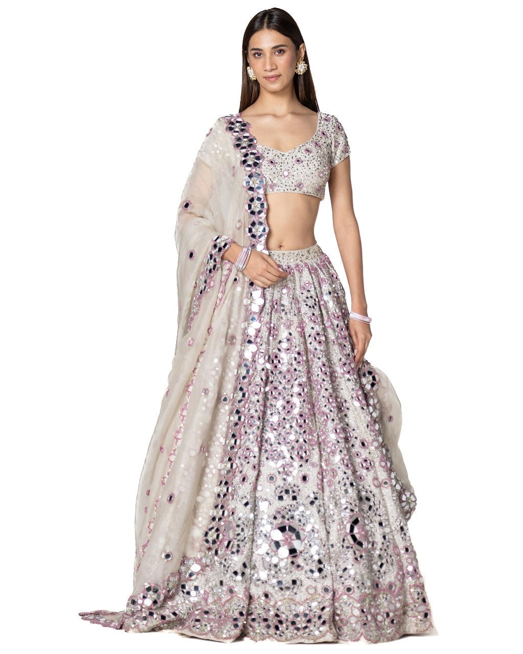 Lilac And Ivory Hand Embroidered Lehenga Set