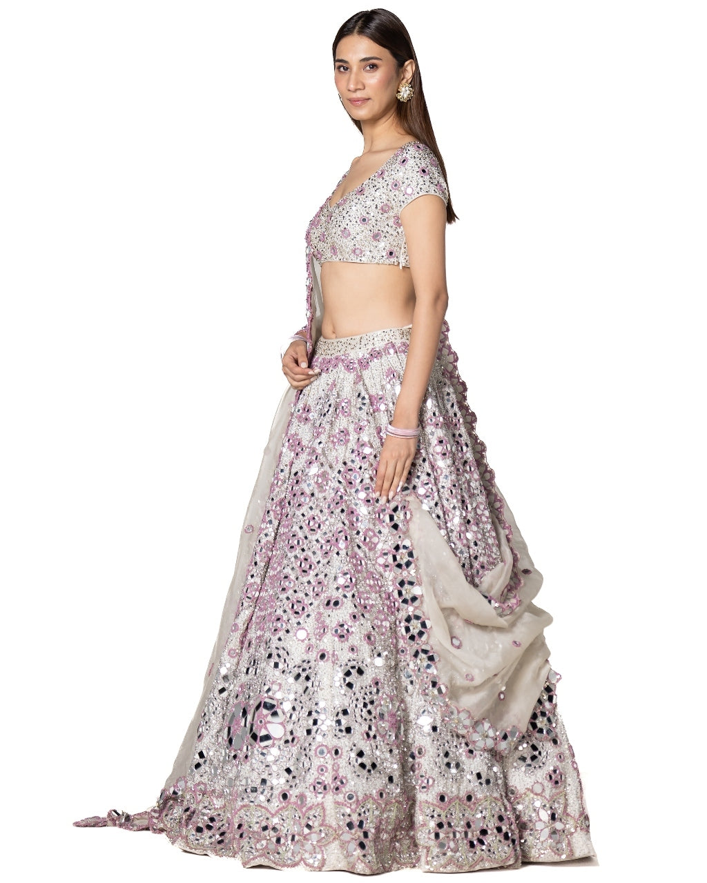 Lilac And Ivory Hand Embroidered Lehenga Set