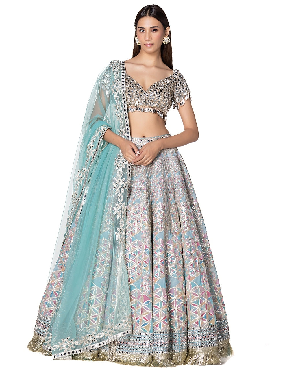 Geometric Pattern Printed Lehenga With Hand Embroidered Blouse Set