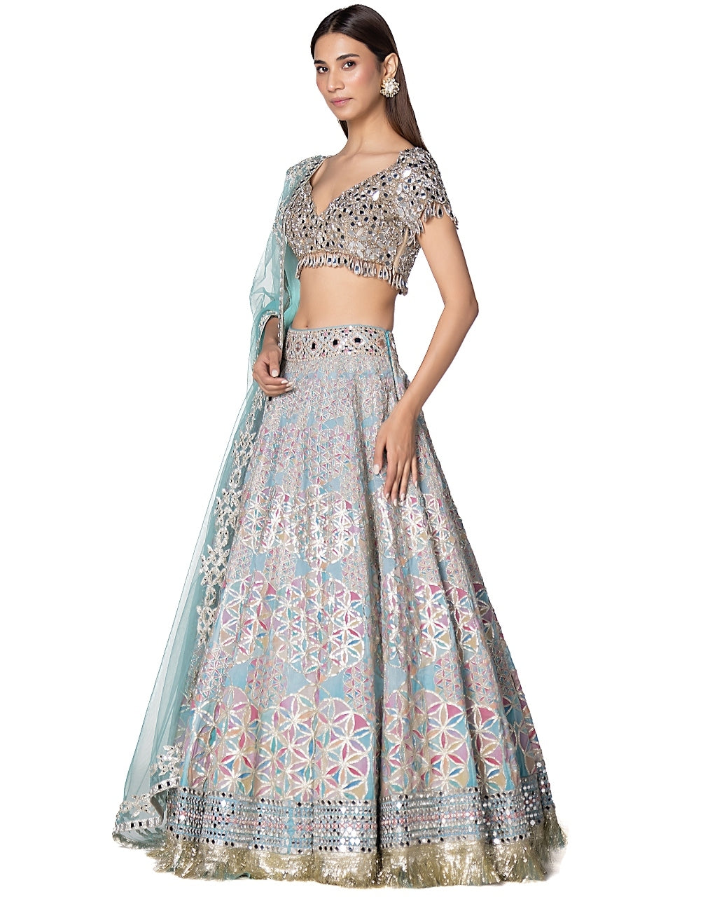 Geometric Pattern Printed Lehenga With Hand Embroidered Blouse Set