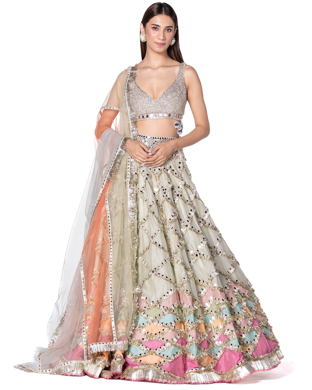 Hand Embroidered Blouse With Multicolor Patch Work Lehenga Set