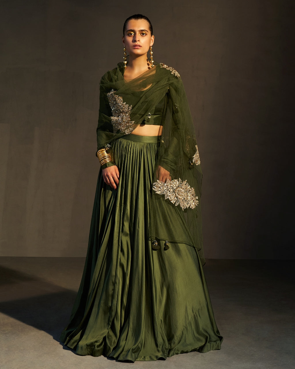 Green Lehenga & Blouse With Embroidered Dupatta