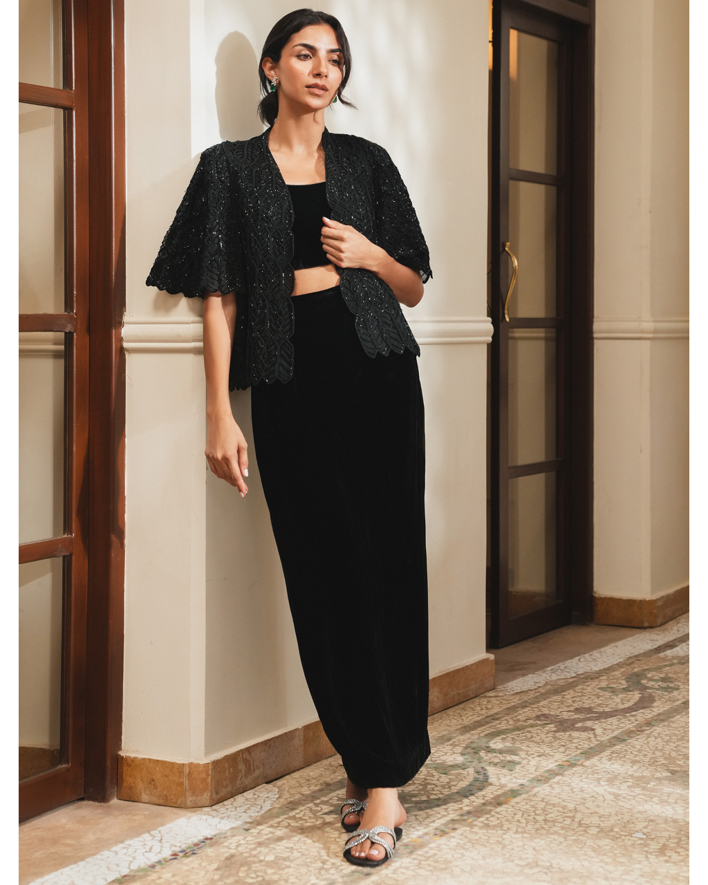 Onyx Beaded Cape Jacket With Choli & Column Skirt