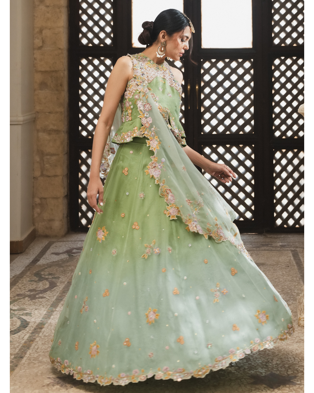 Pastel Mint Floral Embroidered Koti With Lehenga & Dupatta