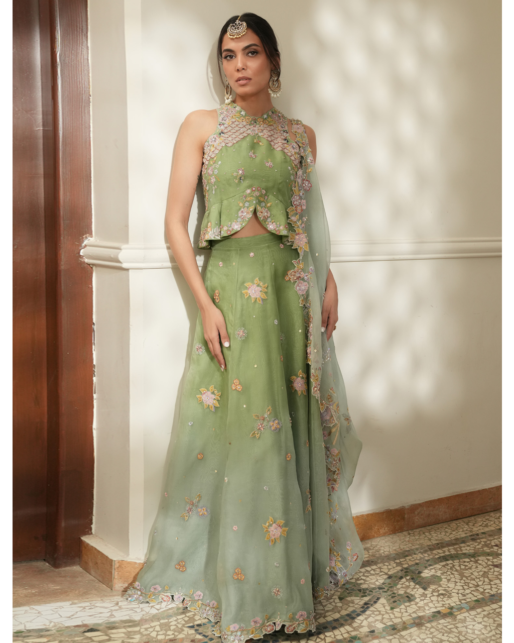 Pastel Mint Floral Embroidered Koti With Lehenga & Dupatta