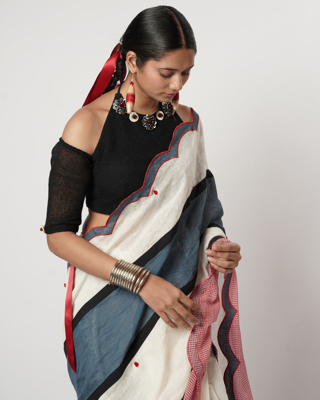 Gamcha Colour Block Scallop Sari Set