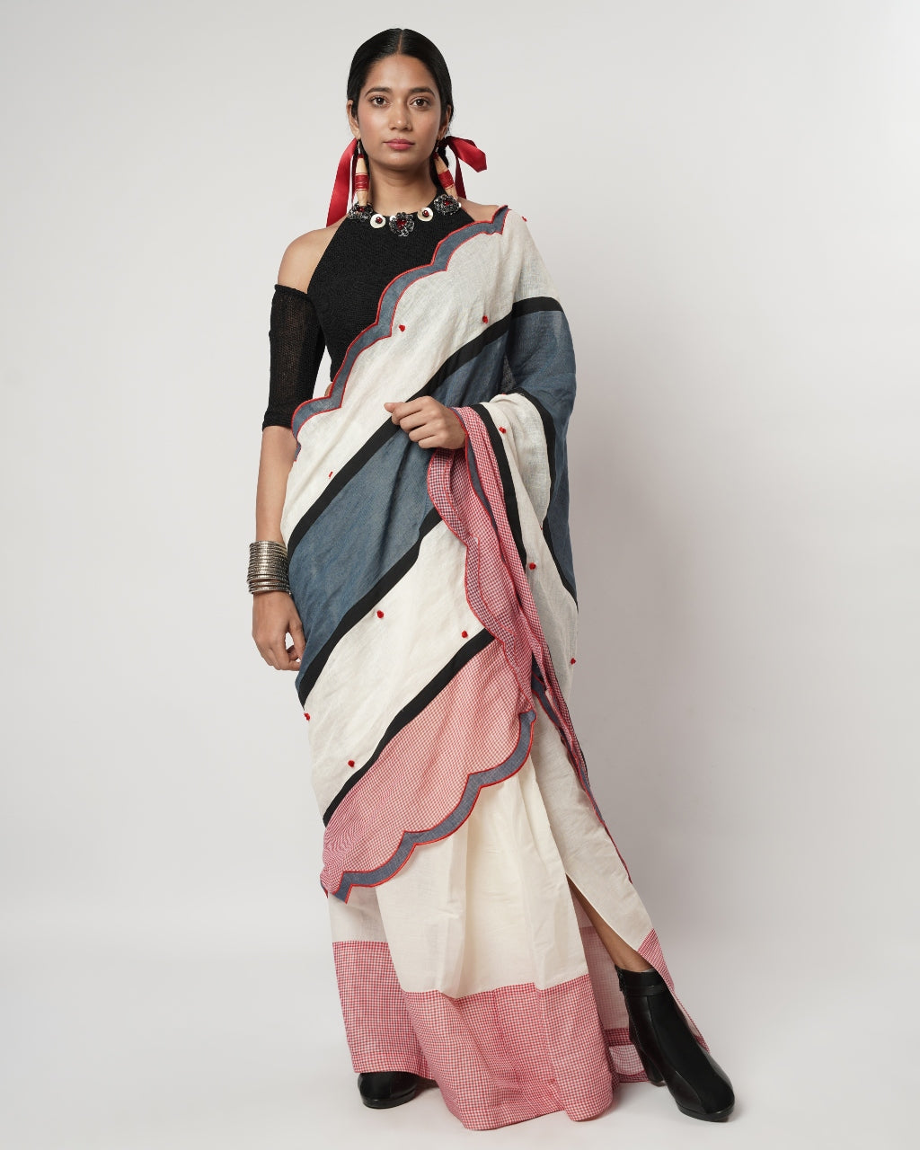 Gamcha Colour Block Scallop Sari Set