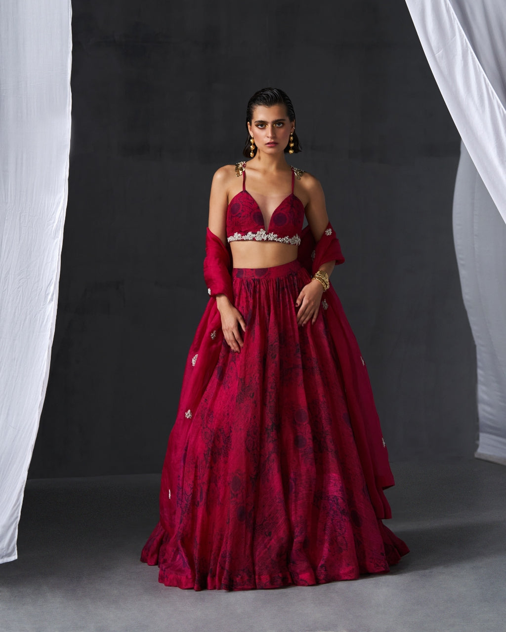 Fuchsia And Black Bustier & Skirt Set By Bhumika Sharma