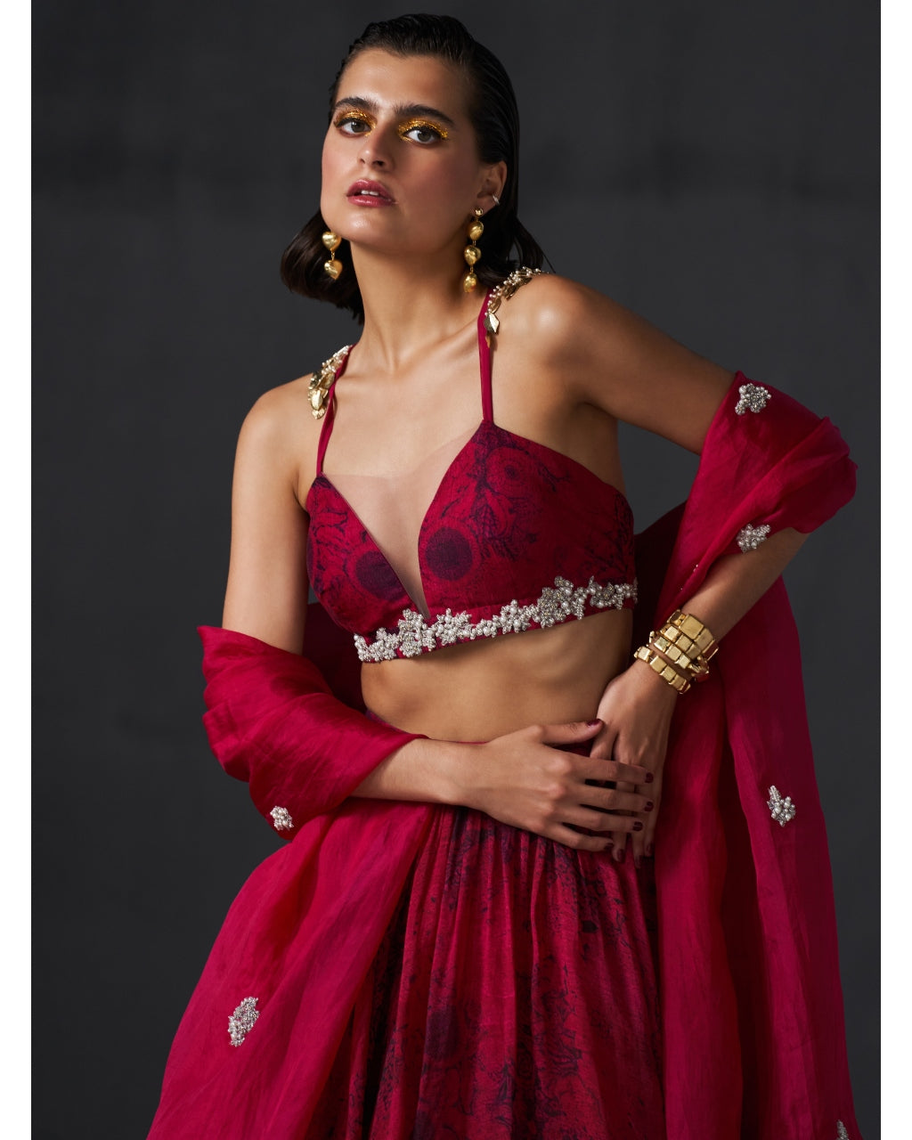 Fuchsia And Black Bustier & Skirt Set